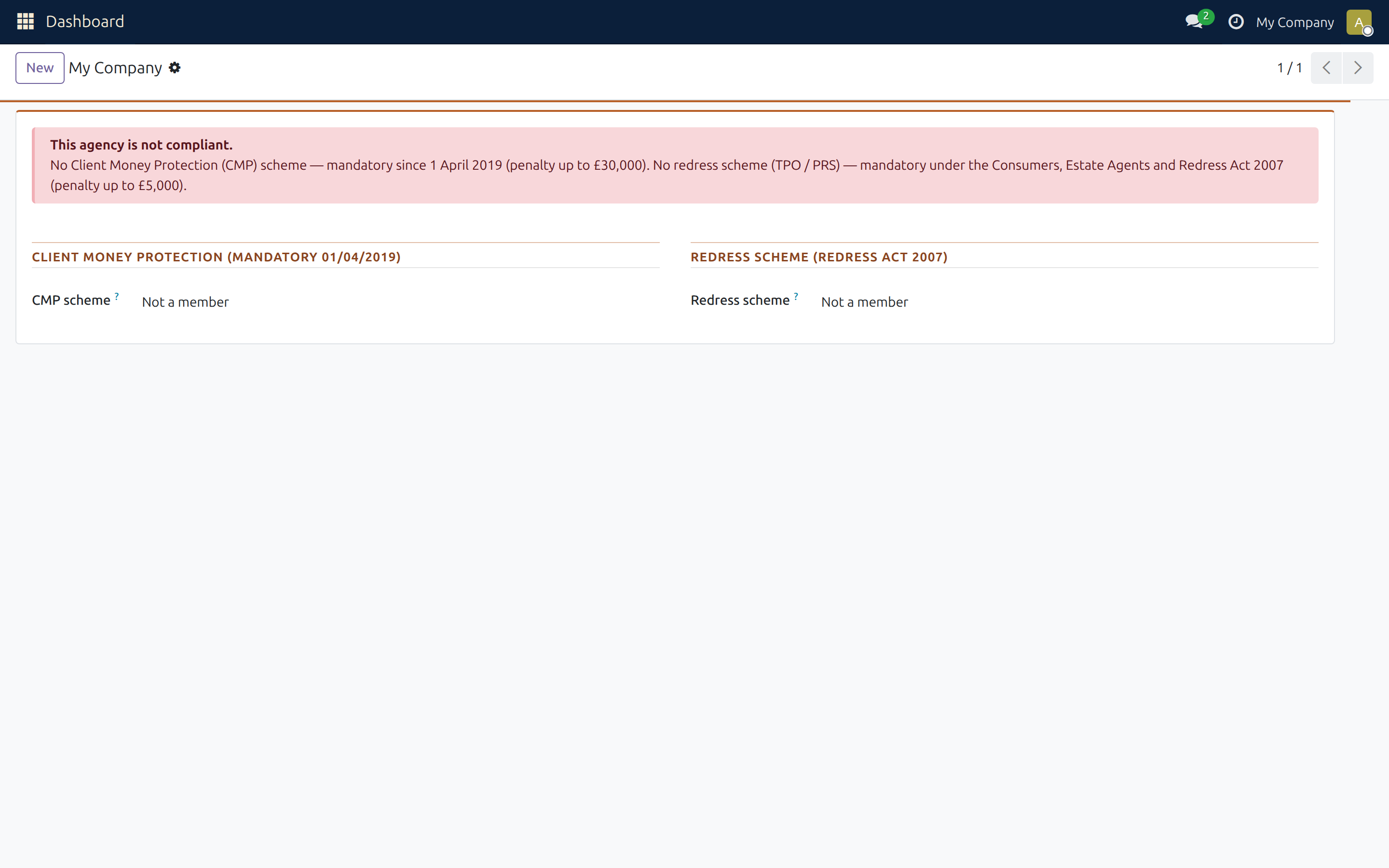 Agency compliance dashboard flagging missing CMP and redress membership