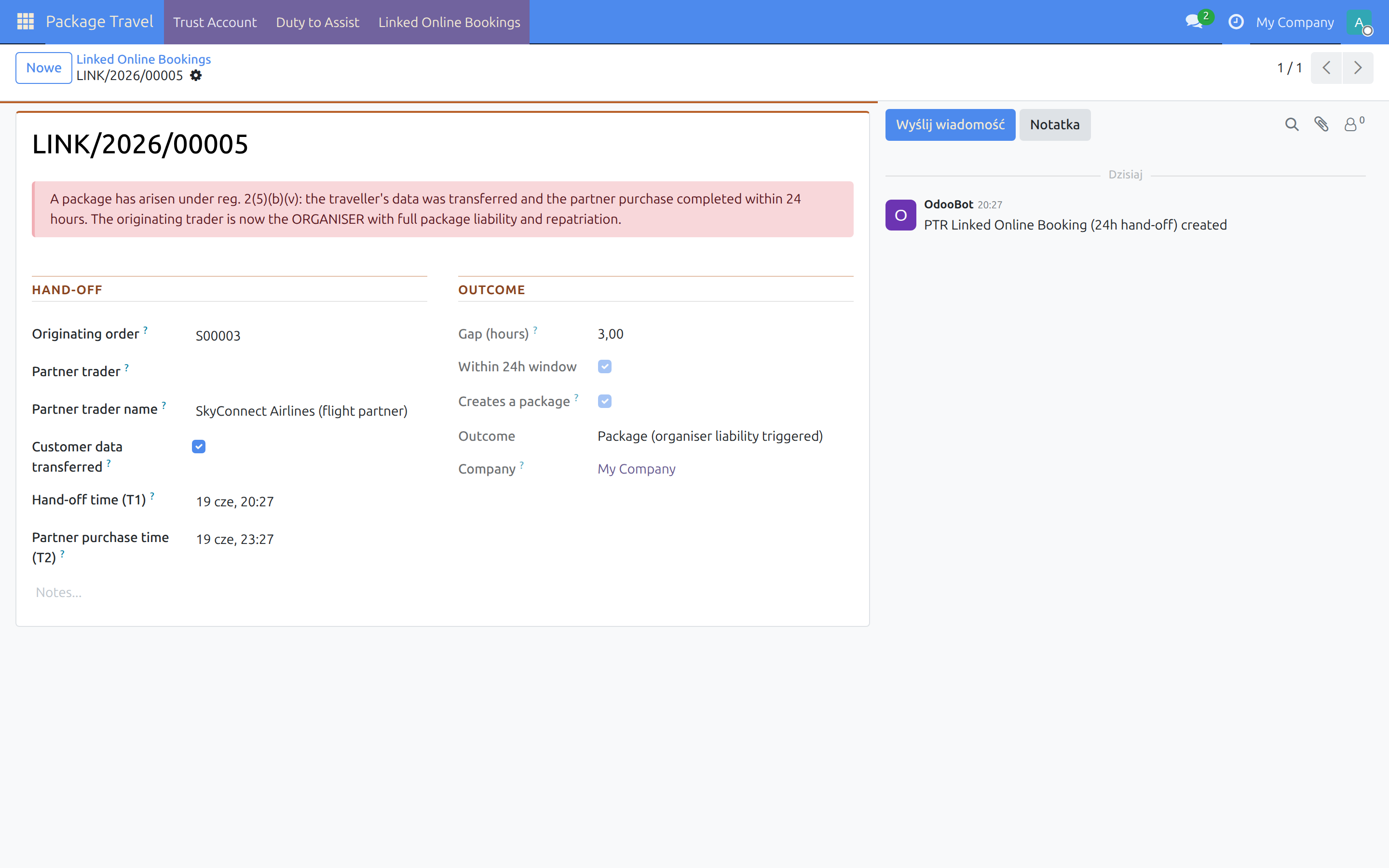 Linked online booking flagged as a package, trader role set to organiser