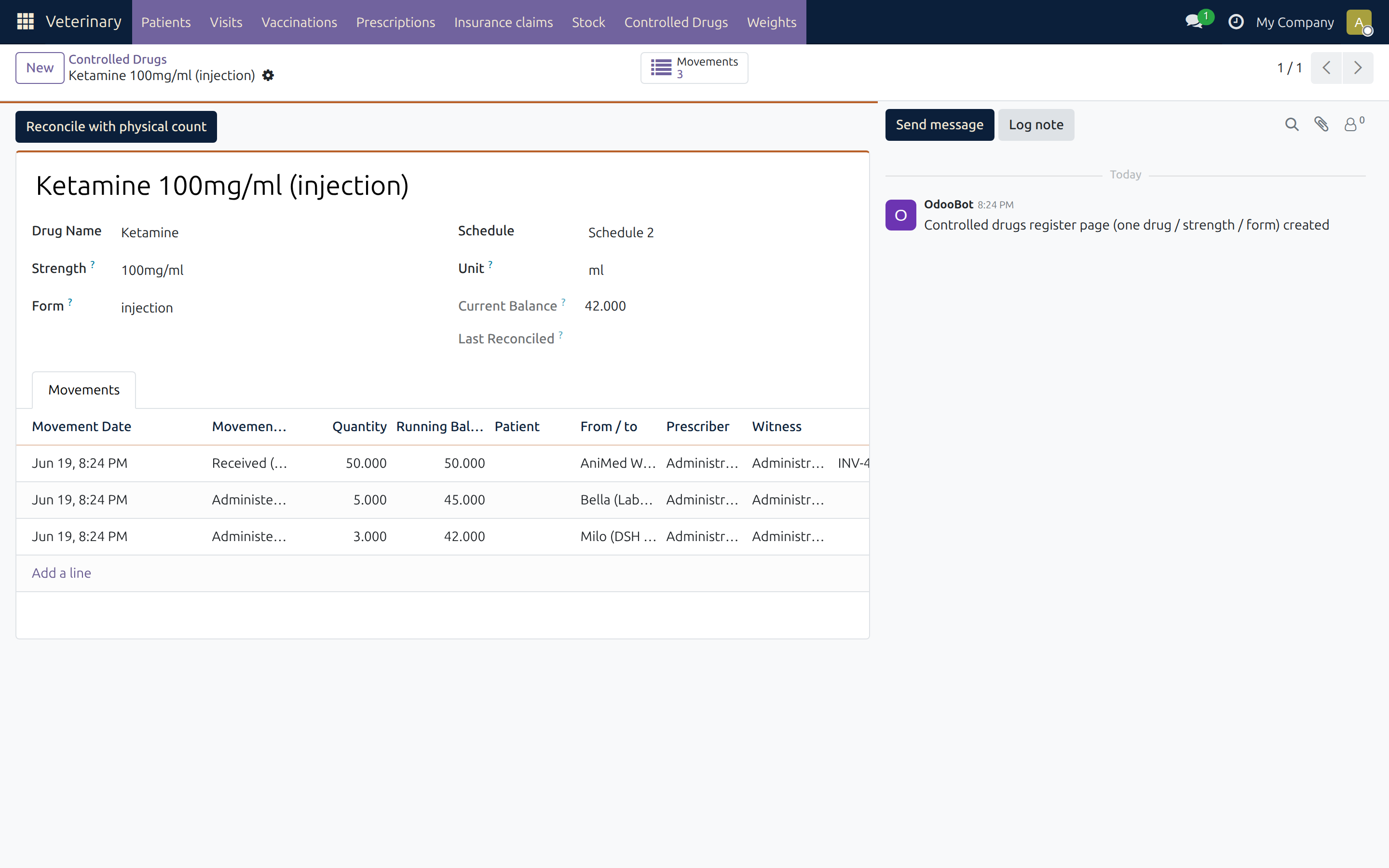 Controlled Drugs Register with running balance
