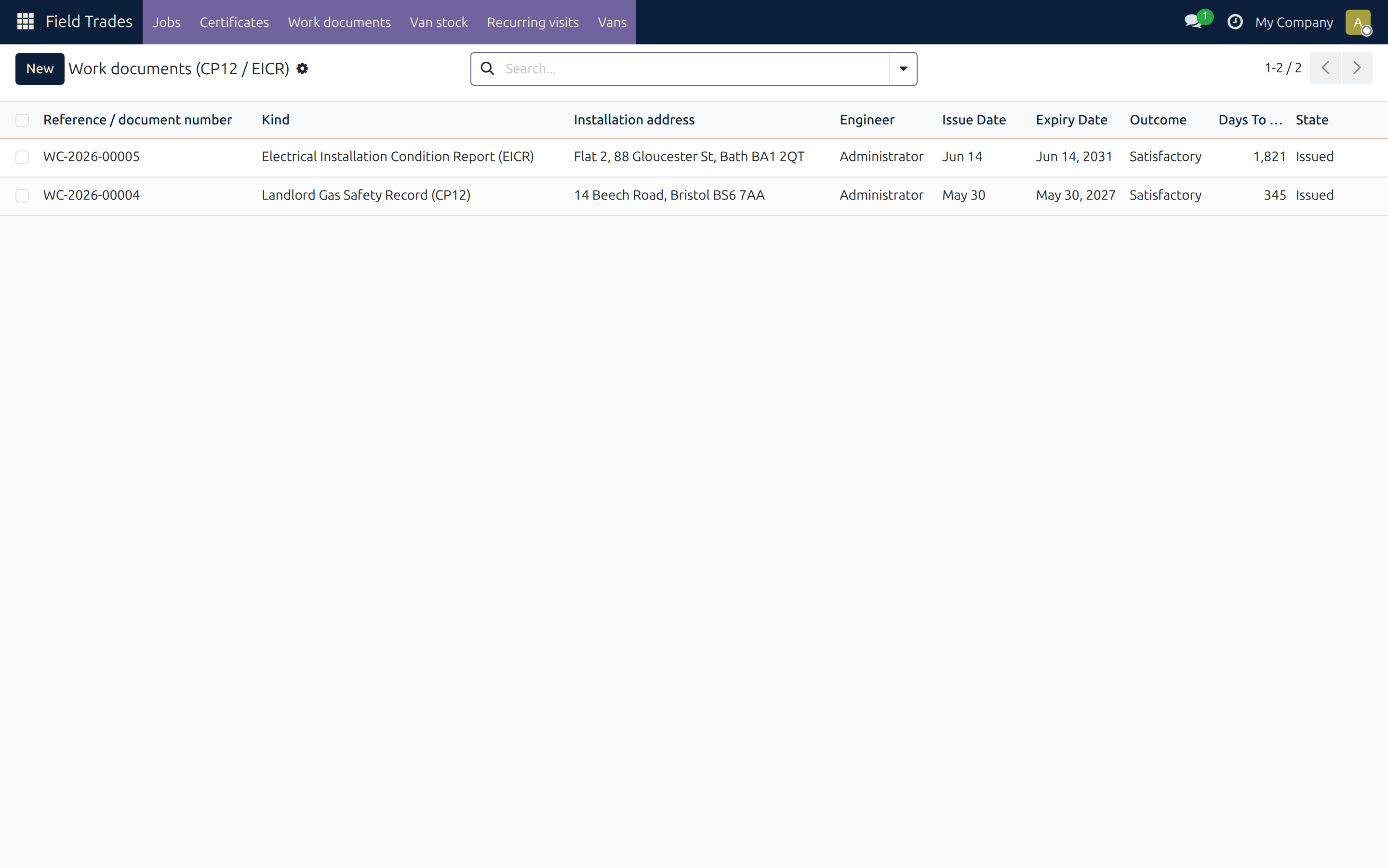 Work documents register showing CP12 and EICR with statutory expiry dates